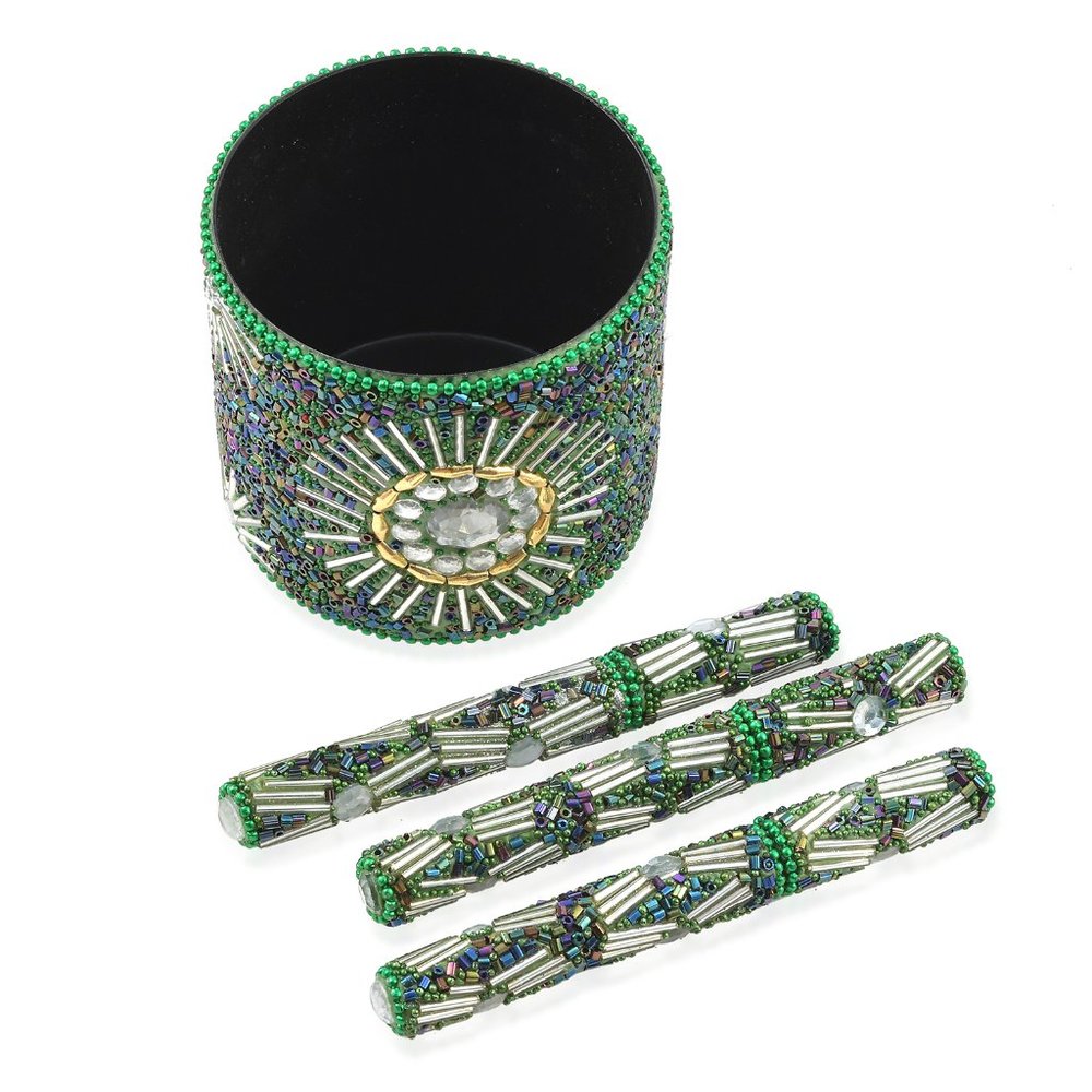 3 Green Floral Pattern Beaded Pens & Pen Holder